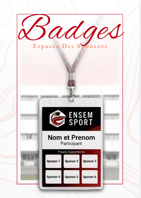 Badge participant ENSEM Sport présentant plusieurs emplacements sponsors
